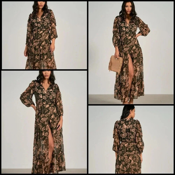 Elan Dresses & Skirts - Elan Cosmo Floral Napa Print Ruffle Tiered   Wrap Sweeping Maxi Coquette Dress S